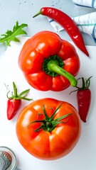 Fresh red peppers and tomatoes on a white surface