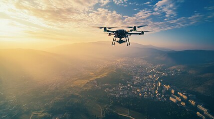 Drone flies over city at sunrise