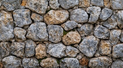 Close-up view of a stone wall, composed of various shades of gray and beige stones