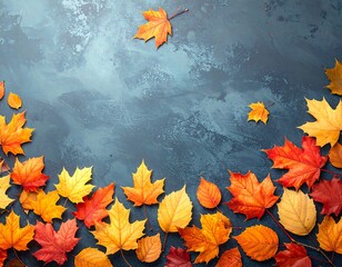 Autumn leaves frame on a mottled blue background