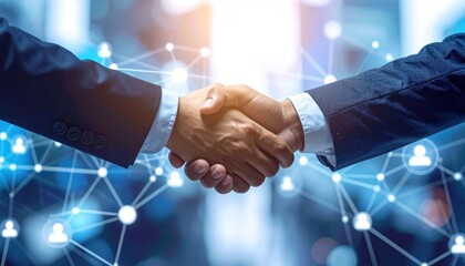 Close-up of handshake against a blurred network of glowing connections with user icons overlayed on a bright, blue background