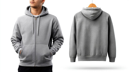 Gray zip-up hoodie displayed on a person and a hanger
