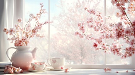 Pink cherry blossoms bouquet window sunlight