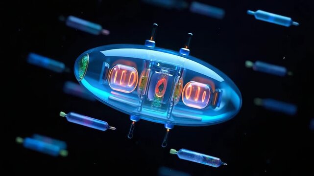 Futuristic Nanobot with Transparent Shell and Glowing Core