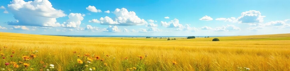 Vast expanse of golden prairie grassland under a vibrant blue sky, wildflowers dotting the landscape, gentle breeze swaying tall grasses , natural beauty, rural landscape, peaceful