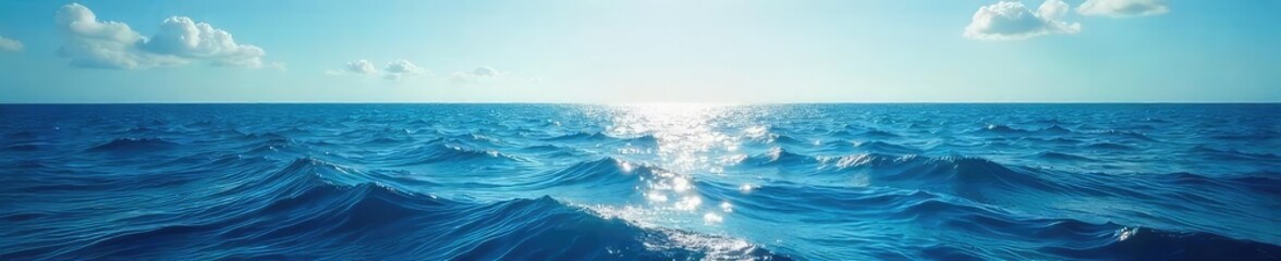 Vast, endless ocean stretching to the horizon, sunlight reflecting on the waves, creating a mesmerizing scene of tranquil blue Perfect for travel, nature, or serenity themes , serene, boundless