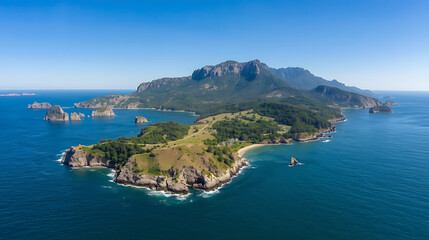 The coastal landscape is stunning, featuring a deep blue sea, green hills, rocky mountains, small islands, and graceful curves with lush forests and cliffs.