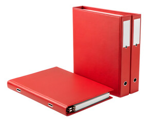 Organized office with red ring binders and file folders for document management storage