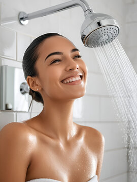 Beautiful young woman smiling, happy and relaxed while taking a shower from the showerhead in the bathroom.