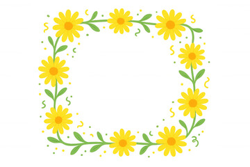 Square frame made of yellow flowers and green leaves on transparent background, perfect for spring and summer projects