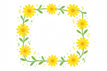 Square frame made of yellow flowers and green leaves on transparent background, perfect for spring and summer projects