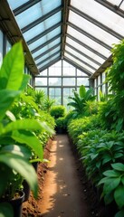 Vibrant green plants thrive under the glass roof of a spacious greenhouse, bathed in sunlight Perfect for agriculture, gardening, botany, and environmental themes , sustainable, stems