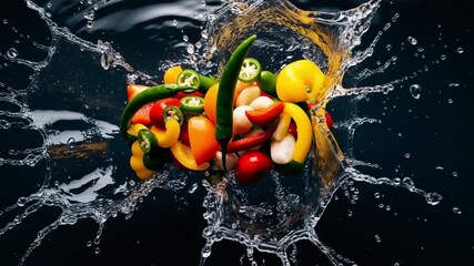 Yellow and red peppers splashing in water with fresh droplets and bubbles - Powered by Adobe