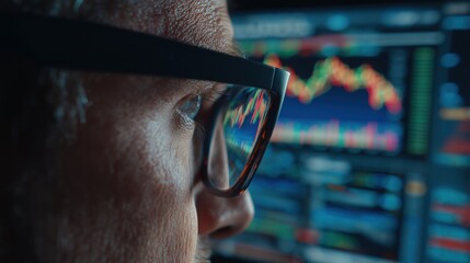 Intense gaze of a person wearing glasses, with a volatile stock market graph and data reflected in the lenses. It powerfully symbolizes the high-stakes world of finance, trading, and data analysis.