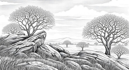 Fototapeta premium Hand-Drawn Rocky Savanna with Leafless Trees