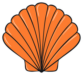 Stylized Orange Scallop Shell Illustration with Black Outline