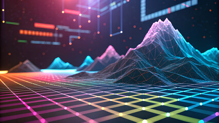 Abstract landscape with mountains and grid, futuristic and colorful style