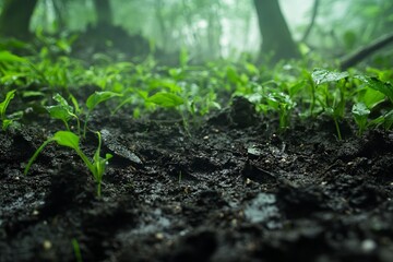 Close-up of new growth emerging from dark, damp soil in a misty forest