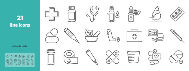 Pharmacy line icon set.  Stethoscope, blood pressure monitor, microscope, measuring cup, tube of ointment, herbal medicine, drug, pills vector illustration. Editable Strokes