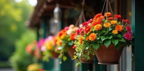 Vibrant, overflowing hanging baskets bursting with colorful flowers and lush greenery, adding a touch of natural beauty to any outdoor space , colorful flowers, home decor, garden