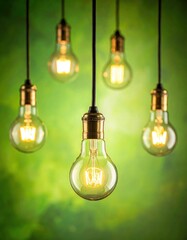 Five glowing vintage-style bulbs suspended against a vibrant green mottled backdrop, casting a warm light and soft shadows