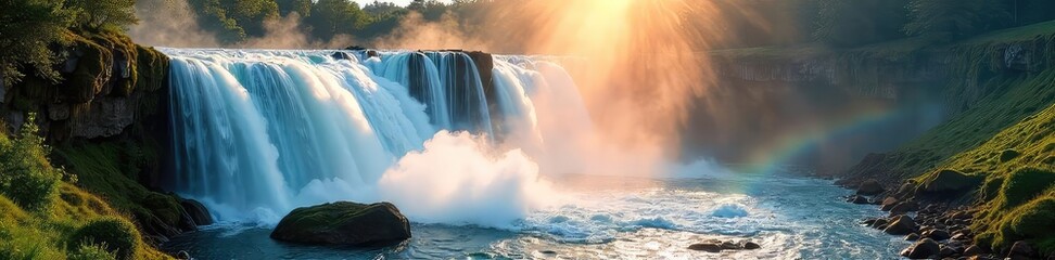 Vibrant rainbow cascades over moss-covered rocks, creating a breathtaking spectacle of nature's artistry The sun illuminates the mist, enhancing the vibrant hues of the falls , cascade, paradise