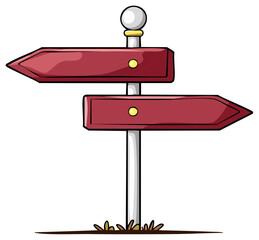Hand drawn cartoon directional signpost with two red arrow signs pointing left and right