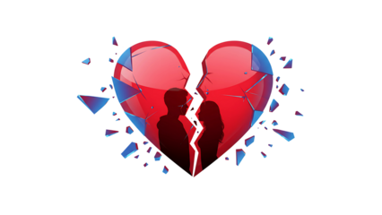 Shattered red heart with couple silhouette, love breakup vector design isolated on transparent background