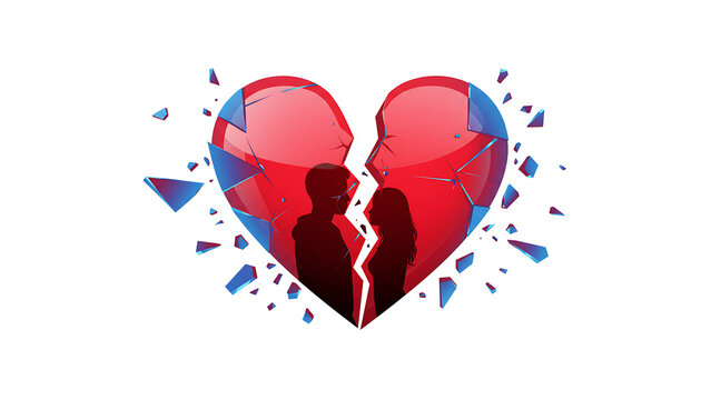 Shattered red heart with couple silhouette, love breakup vector design isolated on transparent background