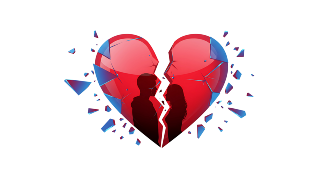 Shattered red heart with couple silhouette, love breakup vector design isolated on transparent background