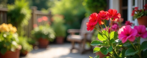 Vibrant potted geraniums add a splash of color to a sun-drenched patio, creating a welcoming and cheerful outdoor space  Perfect for summer vibes and garden decor , bloom, pot, sunny