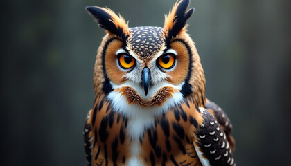 Fototapeta premium Close-up portrait of a Great Horned Owl with bright orange eyes