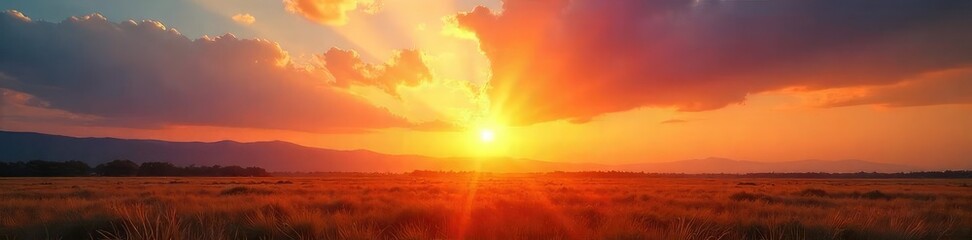 Vibrant sun rays pierce through a breathtaking sunset sky, casting a warm golden glow across the landscape Perfect for travel, nature, or inspirational projects , atmosphere, serene
