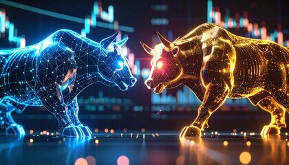 Two digital bull figures face off against a backdrop of financial charts