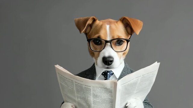 Jack russell terrier dog reading newspaper wearing suit and glasses on gray background