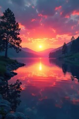 Vibrant sunrise over a tranquil lake, reflecting the calm and serenity of wellbeing Perfect for wellness, mindfulness, and mental health themes , lake, inspirational, peace