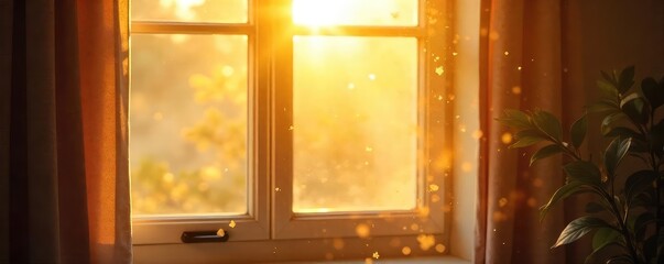 Warm sunlight streams through a bright windowpane, illuminating dust motes dancing in the golden rays Perfect for home, comfort, or spring themes , sunbeam, dust motes, energy