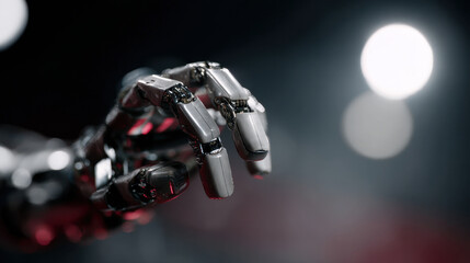 Robotic hand with metallic fingers reaching out in futuristic setting