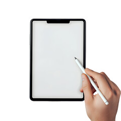 Hand Using Stylus on Blank White Tablet Screen Against Black Background