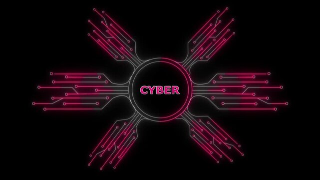 Glowing neon HUD-style circle with circuit board lines, and the center text says "CYBER" in a cyan with black background.