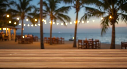  A relaxing evening on a wooden table at a beachside restaurant under glowing string lights