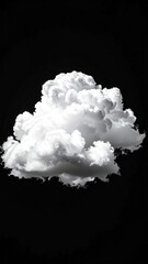 Dramatic monochrome image showcasing a cumulus cloud formation against a stark black background, emphasizing its textures and dimensionality