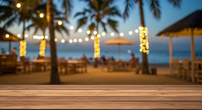 A relaxing evening on a wooden table at a beachside restaurant under glowing string lights