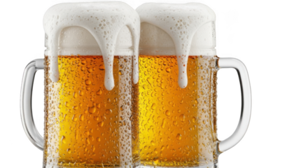 Two frothy beer mugs overflowing with cold lager isolated on transparent background