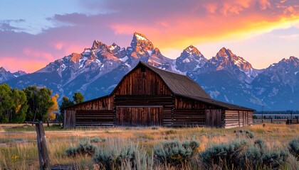A weathered barn stands in a golden field with towering mountains as its backdrop beneath a vibrant, colorful sunset sky