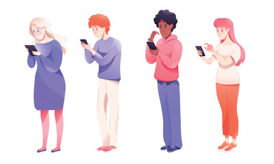 Obraz premium A diverse group of young individuals actively engaged with their smartphones and devices