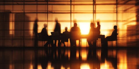 Business Meeting Silhouette in Modern Office with Glass Walls and Warm Light Reflection