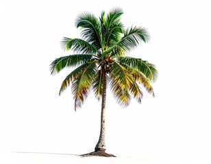 Solitary palm tree with textured trunk and healthy green fronds, isolated against a clean, bright white background, bathed in sunlight