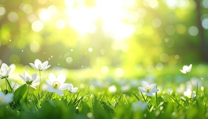 Sun-drenched meadow with white flowers, soft grass, and blurry green foliage, creating a peaceful and idyllic spring scene