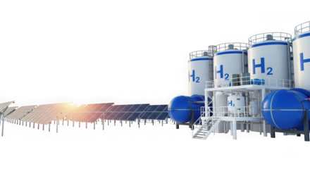 Modern hydrogen energy production facility with solar panels and large storage tanks isolated on transparent background
